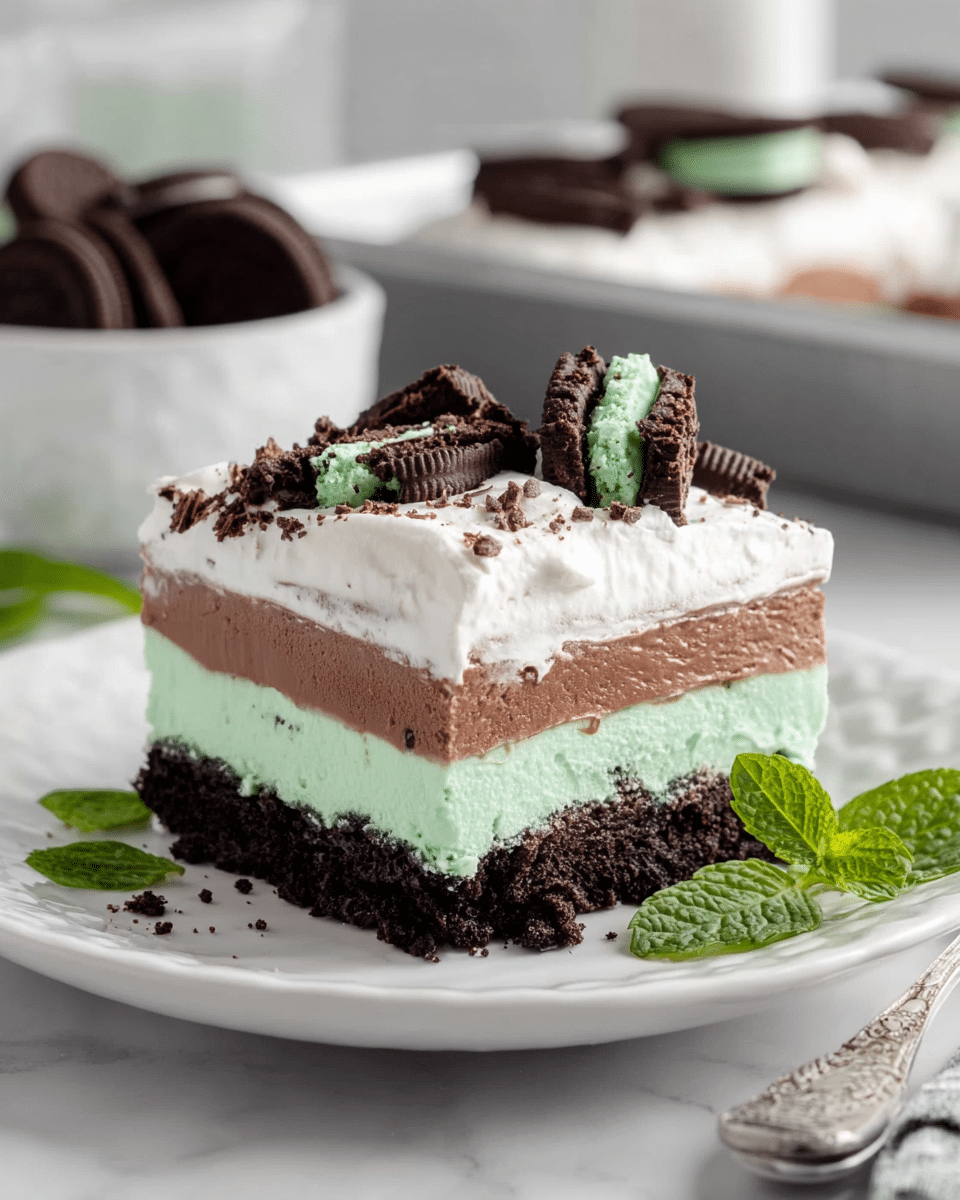 A square slice of layered dessert sits on a white plate with a gentle scalloped edge, placed on a white marbled surface. The bottom layer is a dark, crumbly chocolate crust, topped by a smooth, mint-green cream layer, followed by a thick, rich milk chocolate layer, and finished with a fluffy white whipped cream topping. On top, there are several broken pieces of chocolate sandwich cookies with green filling, scattered irregularly. Nearby, two fresh green mint leaves lie on the white marbled surface. In the soft-focused background, there is a white textured bowl filled with whole chocolate sandwich cookies with green filling and a metal tray holding the rest of the dessert. photo taken with an iphone --ar 4:5 --v 7