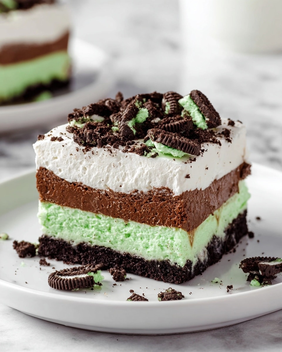 A square slice of dessert with four visible layers sits on a white plate with a white marbled texture beneath. The bottom layer is dark brown and crumbly, looking like an Oreo cookie crust. Above it is a thick, smooth, bright green layer, followed by a dense, creamy, dark brown chocolate layer. The top layer is a thick, fluffy white cream, sprinkled generously with broken pieces of dark brown cookies filled with the same bright green filling seen below. The dessert looks fresh and rich, with a few crumbs scattered on the plate for extra texture. Photo taken with an iphone --ar 4:5 --v 7