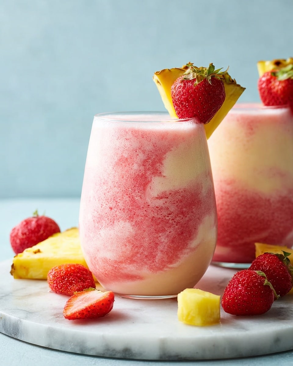A clear glass filled with a two-layer smoothie, the bottom layer is pale pink with a creamy texture, and the top layer is darker pink with a slightly frothy texture, blending gently in some areas. On the rim of the glass, there is a bright yellow triangular slice of pineapple with green edges, and a fresh red strawberry attached to it. The glass sits on a round white marbled surface with scattered pieces of pineapple and halved strawberries around it. In the background, there is a second similar glass slightly blurred, and a soft light blue backdrop. photo taken with an iphone --ar 4:5 --v 7