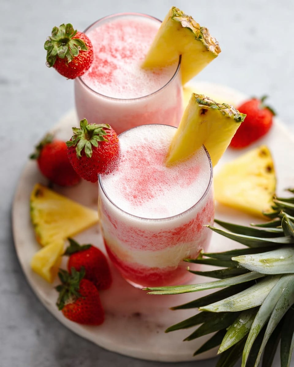 Two clear glasses filled with a pink and white frothy drink sit on a white marbled surface. Each glass has a layer of light pink foam on top, blending softly with white froth. A fresh red strawberry with green leaves is placed on the rim of each glass, alongside a wedge of bright yellow pineapple with green edges. Surrounding the glasses are more cut pieces of pineapple and whole and sliced strawberries scattered on the white marbled surface, with part of a pineapple visible at the corner. The scene is bright and fresh. photo taken with an iphone --ar 4:5 --v 7