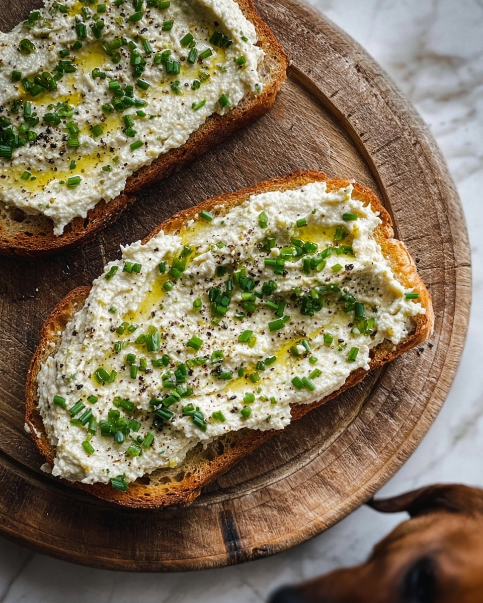 Two slices of toasted brown bread rest on a round wooden board, each topped with a thick, creamy white spread that has a slightly rough texture. The spread is lightly drizzled with golden olive oil, sprinkled with small pieces of fresh green chives, and speckled with ground black pepper. The wooden board sits on a white marbled surface, and the nose of a dog is seen near the bottom right edge of the image. Photo taken with an iphone --ar 4:5 --v 7