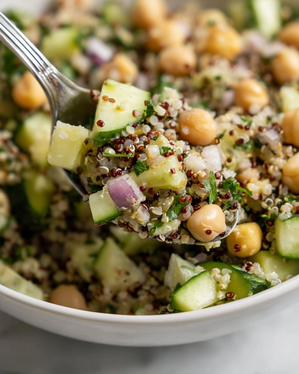 The image shows a close-up of a white bowl filled with a colorful quinoa salad. The dish has three visible layers: the base layer is a mix of white and red quinoa grains with a fluffy, slightly chewy texture; the middle layer is made of light beige chickpeas, soft and round; the top layer consists of diced bright green cucumber pieces, small chopped red onions with a purple tone, and fresh green herbs sprinkled throughout. The salad is mixed well, giving a fresh, textured look with small dark seeds and green leafy bits scattered around. A silver spoon holding a portion of the salad is lifted above the bowl. The background is a white marbled texture. photo taken with an iphone --ar 4:5 --v 7