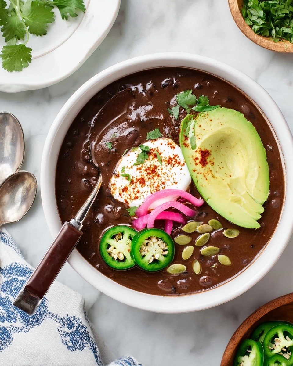A white bowl filled with thick, dark brown black bean soup serves as the base layer. On top, there are three bright green slices of avocado slightly overlapping on one side, a small dollop of smooth white sour cream near the center, and several thin, curled slices of pink pickled onions placed above the sour cream. Scattered on the soup and sour cream are vibrant green jalapeño rounds and some light brown pumpkin seeds. A fresh green cilantro leaf adds color contrast next to the sour cream. A metal spoon with a dark red handle rests inside the bowl, angled slightly upward. The bowl sits on a white marbled surface with a beige cloth that has a blue checkered pattern on the right side. In the background, a small white dish holds fresh green cilantro leaves, a wooden bowl contains additional jalapeño slices, and two halves of a lime show a pale green interior. Photo taken with an iphone --ar 4:5 --v 7