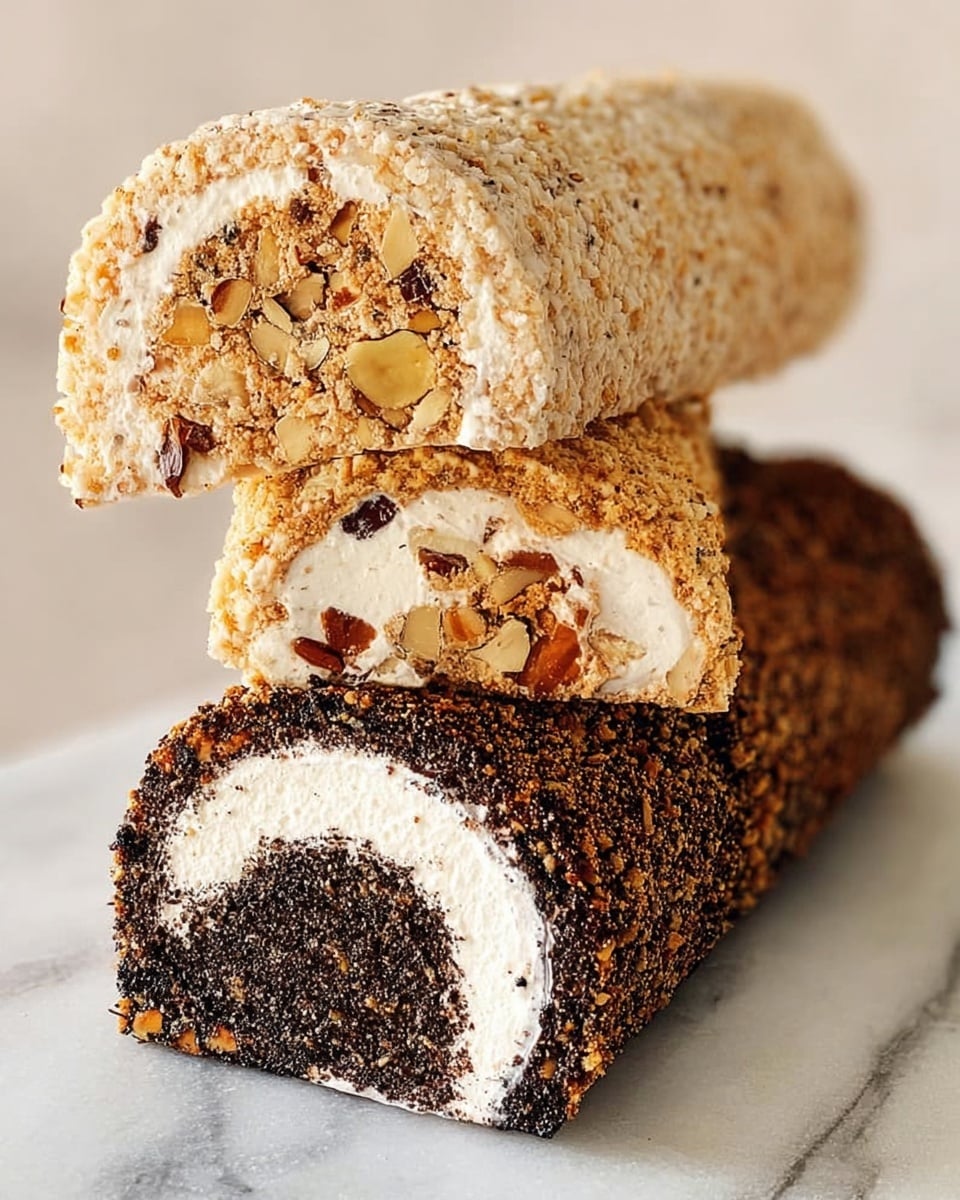The image shows three rolled sweets stacked on a white marbled surface. The top roll has a light beige outer layer covered in crushed nuts, with a creamy white inner layer and a beige filling mixed with pieces of nuts, giving it a rough texture. The middle roll has a dark brown, almost black, outer layer with a crumbly texture, a thin pale inner layer, and a dense chocolatey core. The bottom roll is similar to the top one, with a beige outer layer dotted with nut pieces and a creamy white inner layer, but it lies slightly underneath the others. The focus is on the cut ends of the rolls to show their textures and layers clearly. Photo taken with an iphone --ar 4:5 --v 7