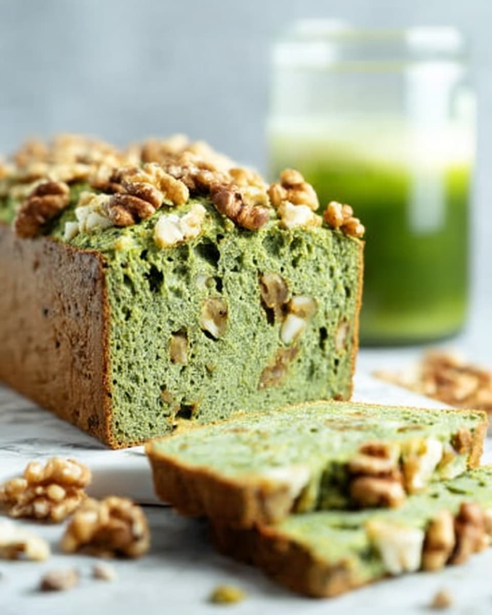 The image shows a loaf of green bread with visible walnut pieces inside. The bread has two slices cut and placed in front, showing a dense texture filled with small air pockets and walnut chunks. The top layer is decorated with whole walnut halves, adding a rough, crunchy texture. The bread sits on a white marbled surface, with a blurred background that includes a clear glass container filled with a green liquid. The lighting is soft, highlighting the fresh and homemade look of the bread. Photo taken with an iphone --ar 4:5 --v 7