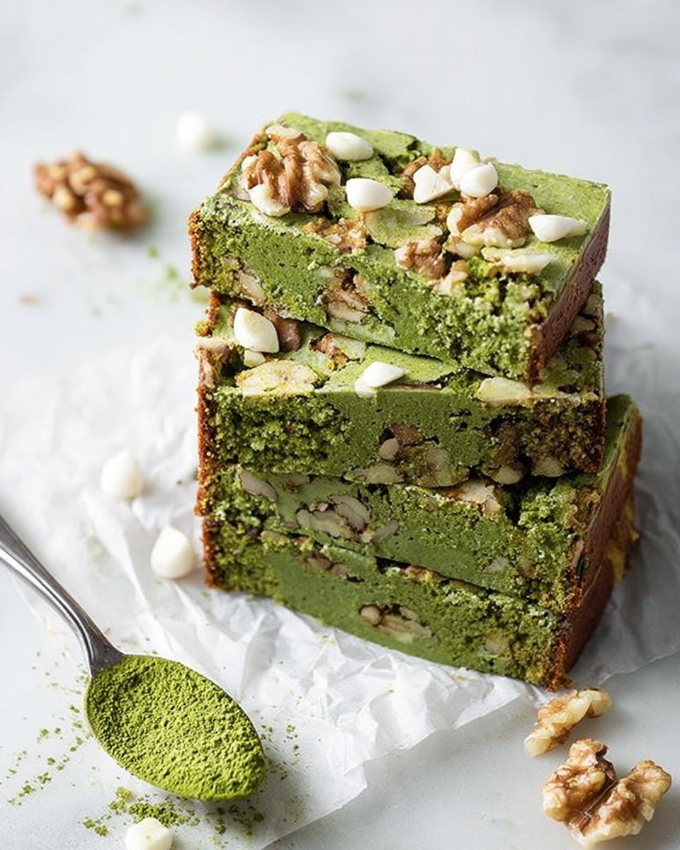 This image shows four slices of green-colored cake with visible walnut pieces inside. The cake has a dense texture with a slightly crumbly top layer, sprinkled with walnut halves and white chocolate chips. The slices are stacked unevenly on white parchment paper, placed on a white marbled surface. A silver spoon filled with green powder sits next to the cake, with some scattered walnut pieces and white chocolate chips around. Photo taken with an iphone --ar 4:5 --v 7