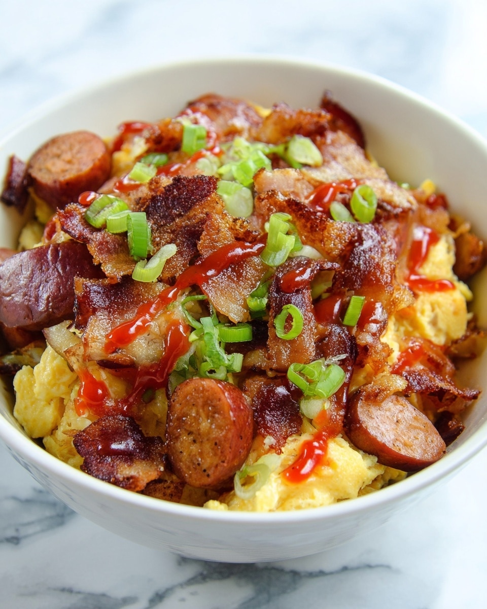 A white bowl filled with two layers: the bottom layer is light yellow scrambled eggs with a soft, slightly fluffy texture, and the top layer consists of browned, sliced sausage and crispy bacon pieces in various shades of brown and reddish tones, drizzled with a red sauce. Small chopped green onions are scattered across the dish, adding a fresh green color contrast. The bowl sits on a white marbled surface. Photo taken with an iphone --ar 4:5 --v 7