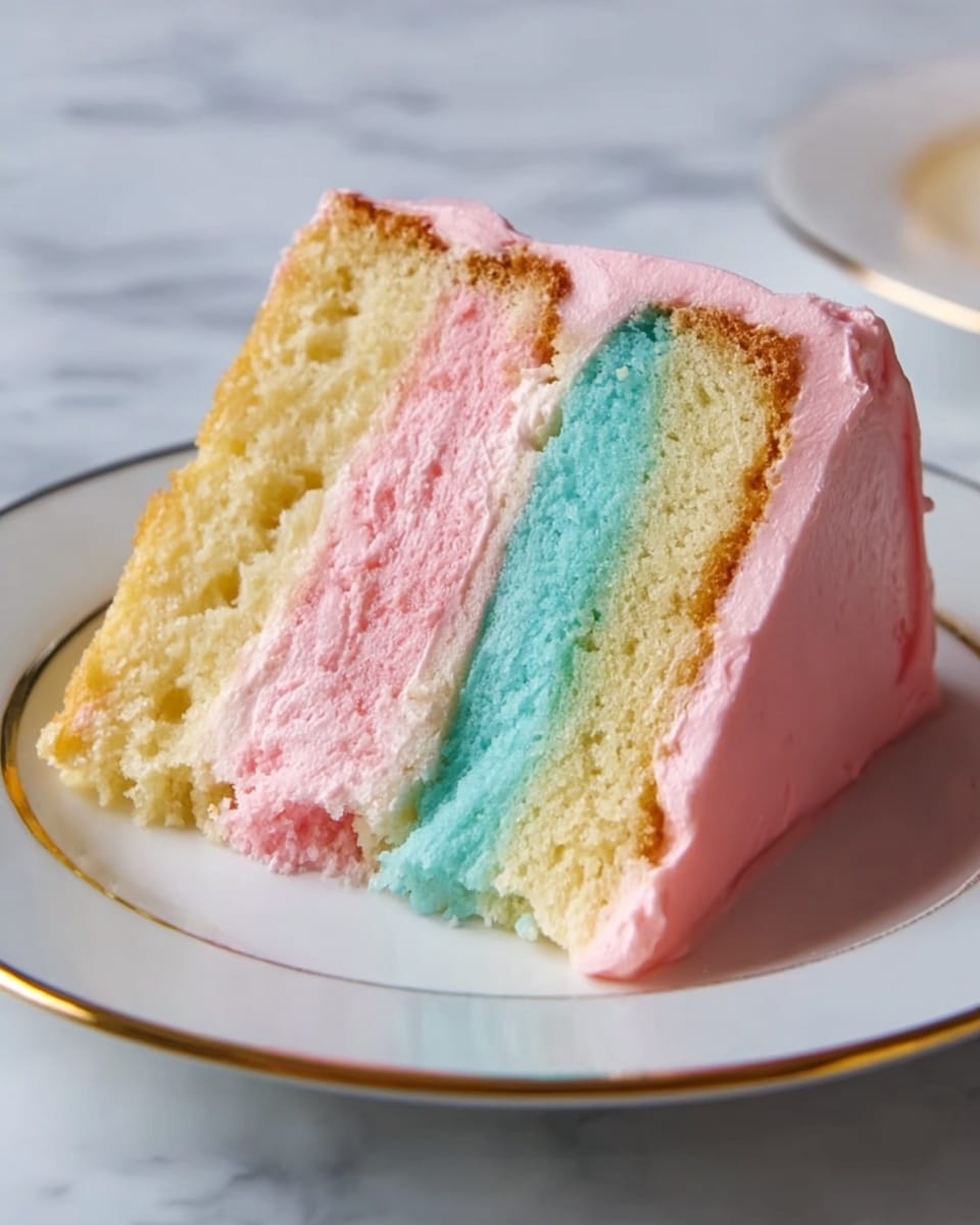 A slice of three-layer cake sits on a white plate with a gold rim, placed on a white marbled surface. The bottom layer is pale yellow and softly textured, the middle layer is pastel pink with a light, airy feel, and the top layer is a bright baby blue with a similar fluffy texture. Each sponge layer is separated and coated by a thick, smooth pink frosting that also covers the outside of the cake slice, showing slight swirls and a creamy softness. The cake edges are slightly browned, adding a natural contrast to the pastel colors. Photo taken with an iphone --ar 4:5 --v 7
