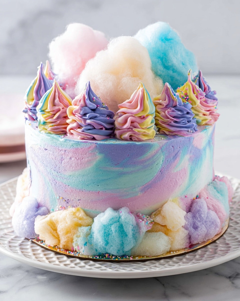 A two-layer round cake sits on a white plate with a diamond pattern, placed on a white marbled surface. The cake's frosting is swirled with soft pastel colors in shades of blue, lavender, and pink, creating a smooth, gradient effect. Around the bottom edge, there are fluffy chunks of cotton candy in pastel blue, pink, yellow, and purple, adding texture and color. The top edge is decorated with piped swirls of multicolored frosting, blending shades of pink, blue, purple, and cream, each swirl standing tall and evenly spaced. On top of the cake, larger pieces of matching pastel cotton candy form a soft, airy crown in pink, yellow, blue, and purple. photo taken with an iphone --ar 4:5 --v 7