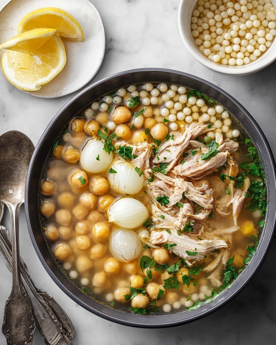 A bowl with clear broth filled with three layers: the bottom layer has a mix of small white round pasta pearls and light yellow chickpeas; the middle layer shows pieces of shredded light brown chicken and several whole small white onions; the top layer is sprinkled with chopped fresh green herbs. Next to the bowl, there is a small white plate holding a lemon wedge and a small white bowl filled with more pasta pearls and a spoon inside. The setting is on a white marbled surface with two metal spoons placed nearby. Photo taken with an iphone --ar 4:5 --v 7