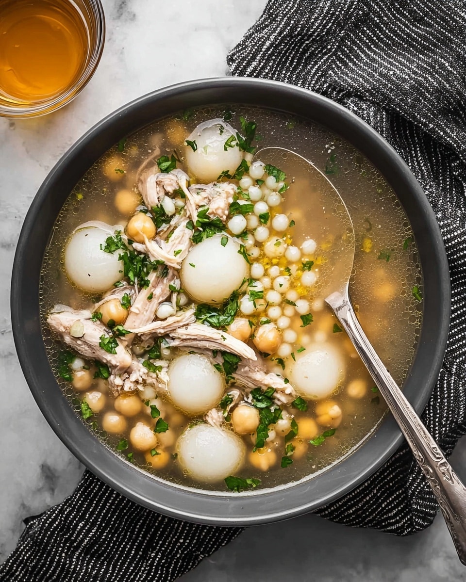 A close-up view of a dark gray bowl filled with a clear broth soup, containing three whole white pearl onions, small round white couscous balls, chickpeas, shredded light brown chicken pieces, and scattered fresh chopped green herbs on top. A silver spoon rests inside the bowl on the right side, partially submerged in the soup. The bowl is set on a white marbled surface next to a black and white striped cloth napkin, with a small cup of amber-colored liquid partially visible in the top left corner. photo taken with an iphone --ar 4:5 --v 7