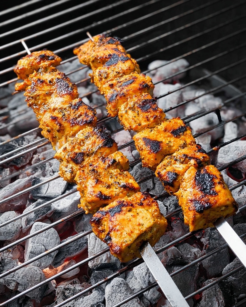 Two long metal skewers hold several pieces of golden-brown grilled chicken, each piece showing char marks and a slightly crispy texture on top, arranged in a line. The chicken pieces are thick and juicy, with a light orange seasoning coloring that contrasts with the dark grill marks. The skewers rest diagonally on a silver grill grate above grey and black charcoal embers. The background beneath the grill grate is dark, emphasizing the vivid colors of the cooked chicken. photo taken with an iphone --ar 4:5 --v 7