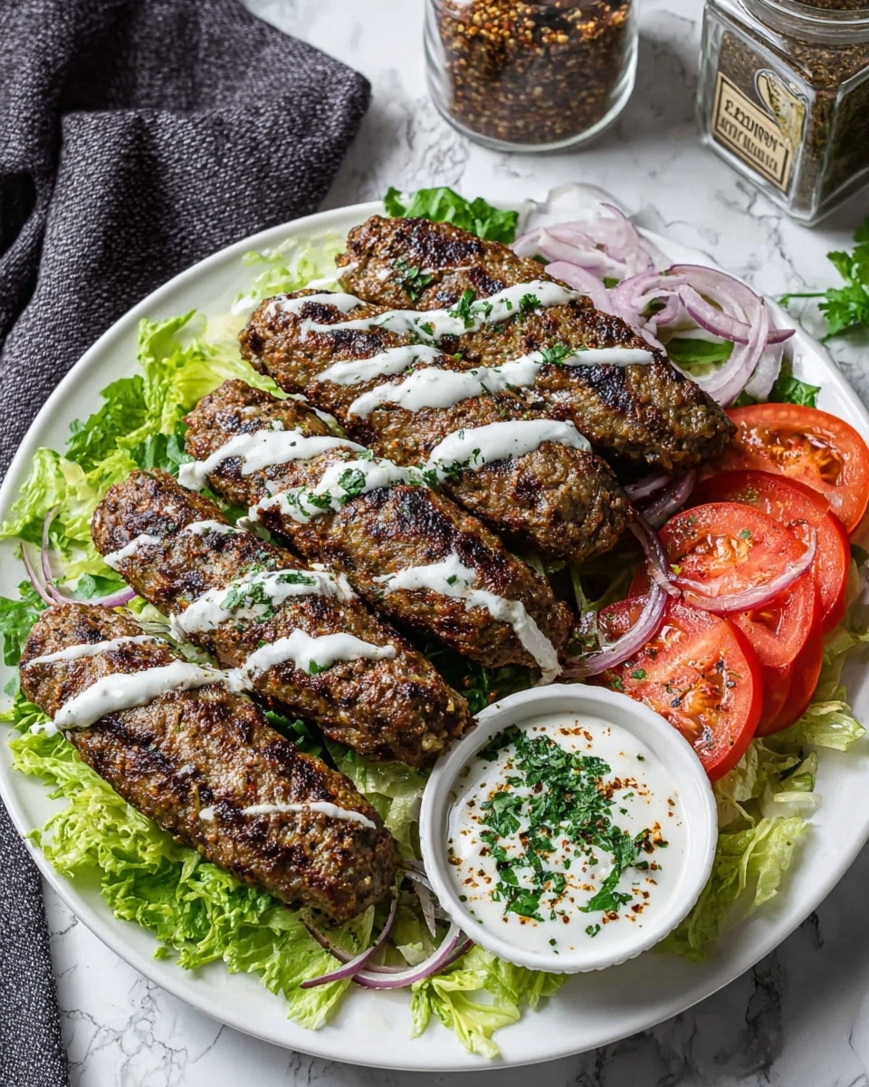 A white plate is filled with six grilled meat kebabs arranged in two layers, with charred grill marks and a drizzle of white sauce over them; beneath the kebabs is a bed of green lettuce leaves creating a fresh base. On the right side of the plate, there are three tomato slices with bright red color and thinly sliced onions sprinkled with a dark spice. A small white bowl with a green rim contains a thick white sauce topped with finely chopped green herbs. The plate sits on a white marbled surface with a dark gray cloth and a clear spice jar labeled “Sumac” nearby. Photo taken with an iphone --ar 4:5 --v 7