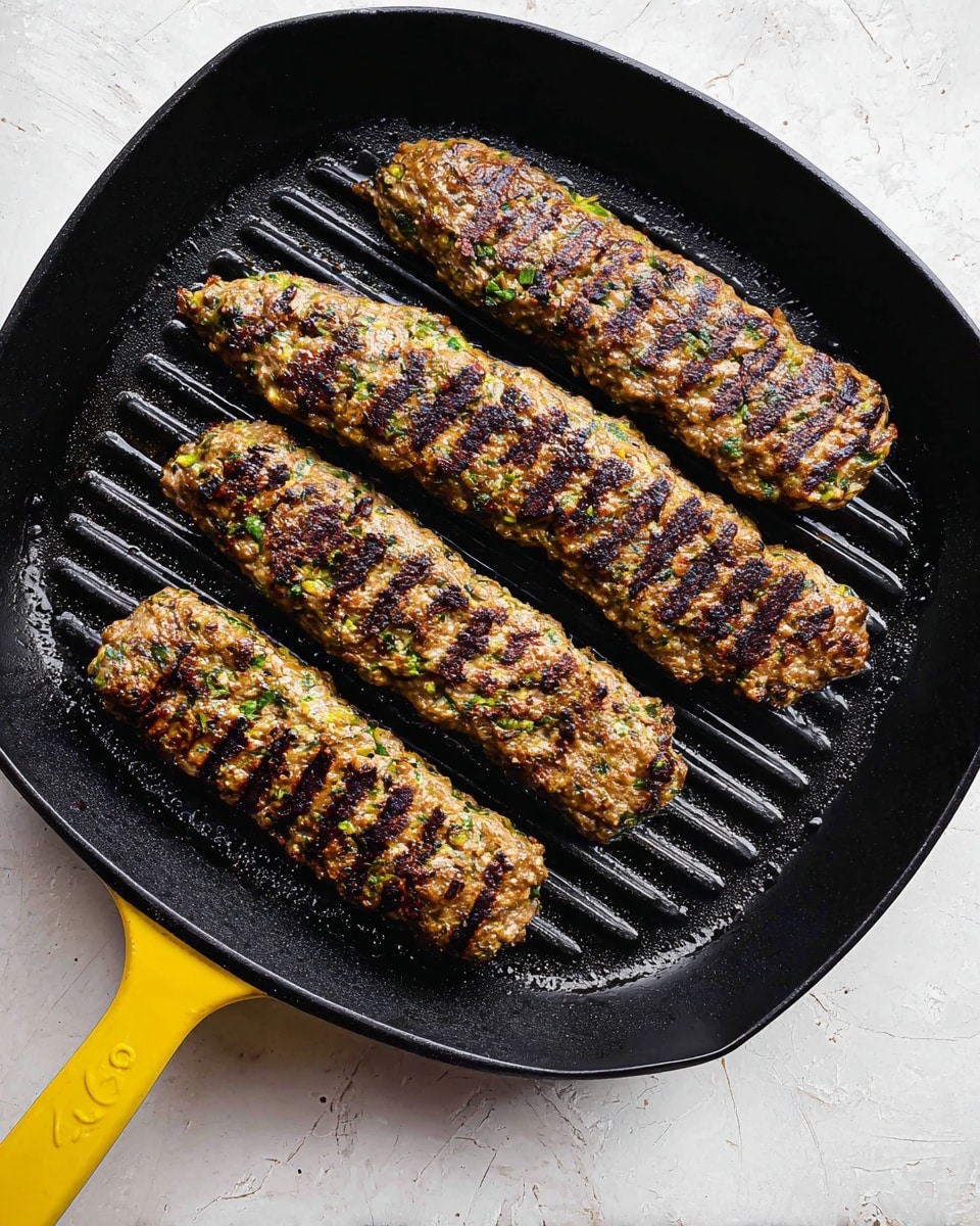 The image shows a black cast iron square grill pan with a yellow handle, placed on a white marbled surface. Inside the pan, there are five grilled kebabs arranged in a loose circular pattern. Each kebab has a rough textured surface, showing a mix of brown and green colors from herbs and spices, with dark brown grill marks creating crisscross patterns on top. The kebabs are oblong and thick, suggesting a juicy and flavorful interior. The pan’s ridges create a striped effect on the kebabs, adding to their grilled look. photo taken with an iphone --ar 4:5 --v 7