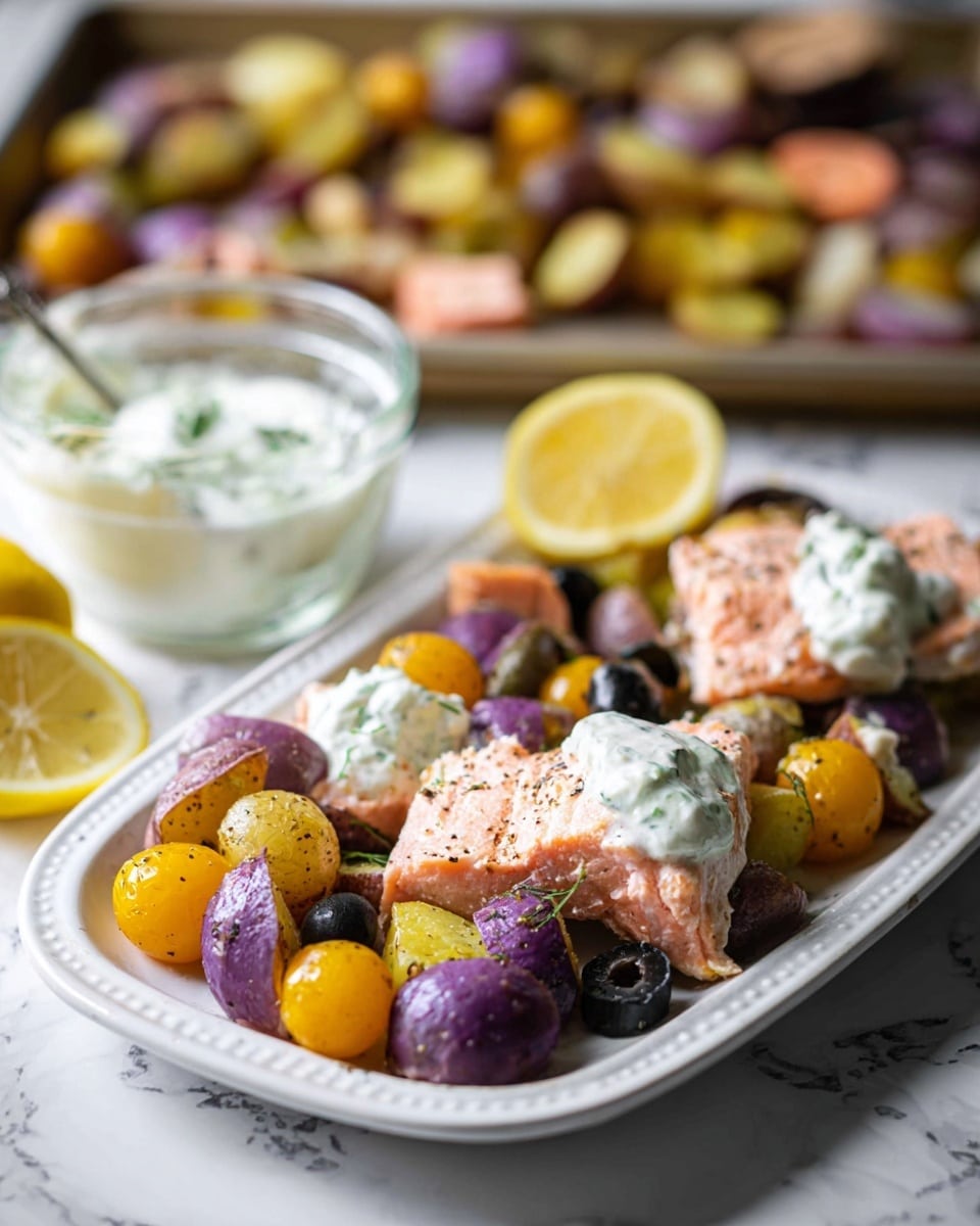 A white oval plate holds a colorful dish arranged in layers: at the bottom, there are small purple and yellow potatoes cut in half with a soft texture, mixed with whole yellow cherry tomatoes and black olives scattered around. On top of this base, there are several pink, flaky pieces of cooked salmon seasoned with pepper. Two dollops of white creamy sauce with green herb bits rest on opposite sides of the plate, adding a smooth texture contrast. A halved lemon sits partly visible behind the plate. In the blurred background, there is a tray with similar roasted ingredients and a glass bowl filled with the same creamy sauce, all placed on a white marbled surface. Photo taken with an iphone --ar 4:5 --v 7