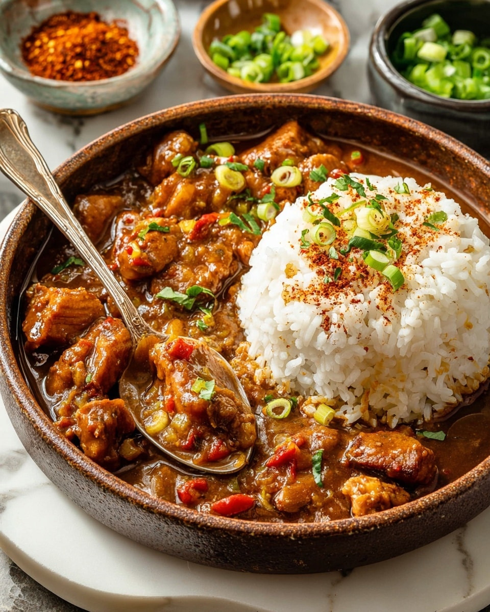 A rustic brown bowl sits on a white plate with rounded edges, filled with two main layers: a thick, glossy brown stew rich with chunks of tender meat and bits of red peppers and green onions mixed throughout as the bottom layer, and a mound of fluffy white rice placed off-center on top, lightly sprinkled with a reddish spice and green onion pieces. A silver spoon dips into the stew near the bottom left, and the background shows small bowls of sliced green onions and a reddish spice on a white marbled surface. Photo taken with an iphone --ar 4:5 --v 7