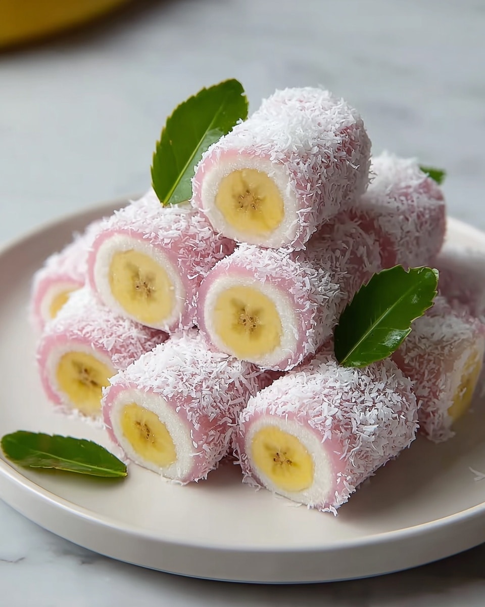 The image shows a stack of small, cylindrical rolls arranged neatly on a white plate placed on a white marbled surface. Each roll has three layers: a yellow inner core that looks like a banana slice, surrounded by a smooth pink outer layer, which is then coated with finely shredded white coconut, giving a snowy texture. A few green leaves are placed as decoration on top and among the rolls, adding a fresh touch. The overall look is soft, colorful, and inviting. photo taken with an iphone --ar 4:5 --v 7