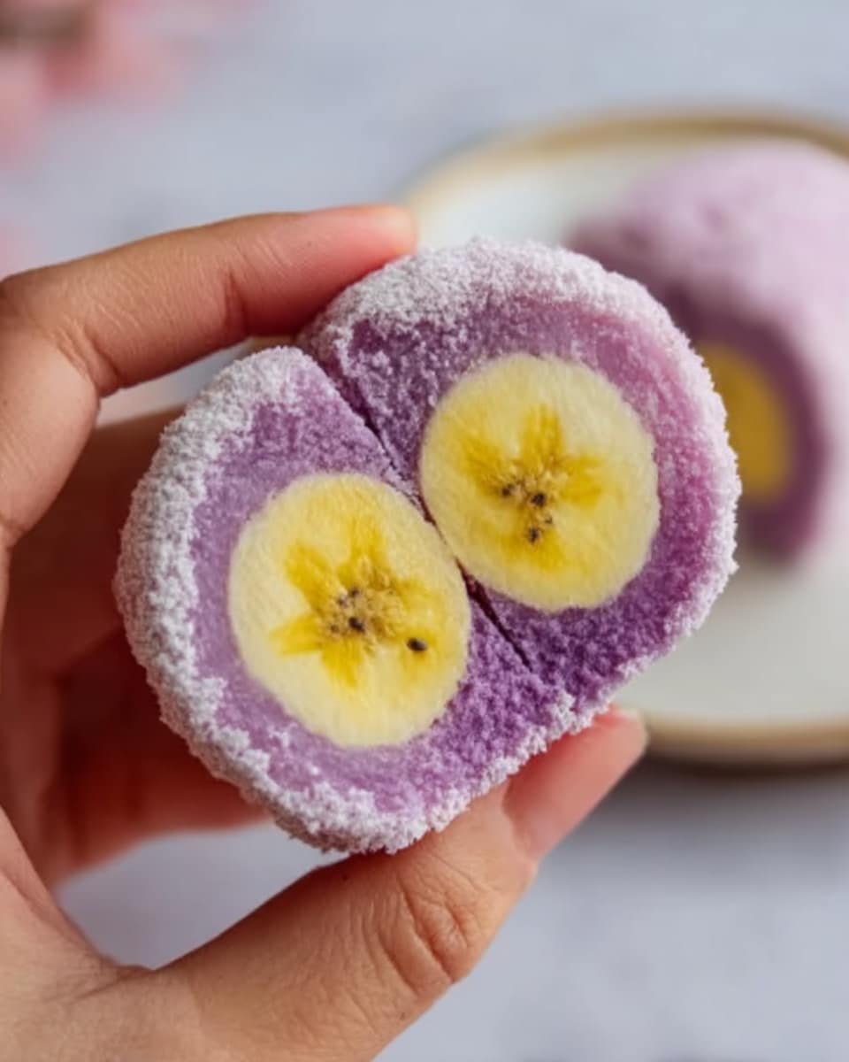 A close-up image showing a purple-coated dessert cut in half, revealing a bright yellow banana in the center. The outer purple layer looks soft and powdery, with a rough texture. The banana inside is smooth and firm, with tiny black seeds visible. A woman's hand is holding the dessert against a background of a white marbled texture and a blurred white plate. photo taken with an iphone --ar 4:5 --v 7