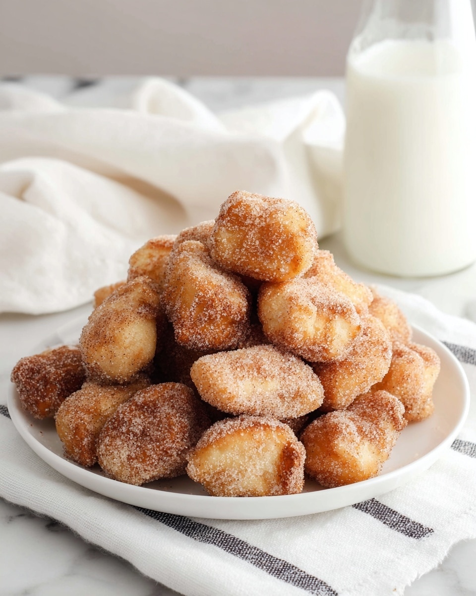 A white plate is filled with a pile of small, irregular-shaped dough pieces covered in light brown cinnamon sugar, with a slightly crispy texture on the outside and soft golden areas peeking through; the pieces are stacked in two layers, creating a small mound in the center of the plate. The plate sits on a white cloth with a dark stripe on a white marbled surface. In the background, there is a partially visible white cloth and a clear milk bottle filled with milk. photo taken with an iphone --ar 4:5 --v 7
