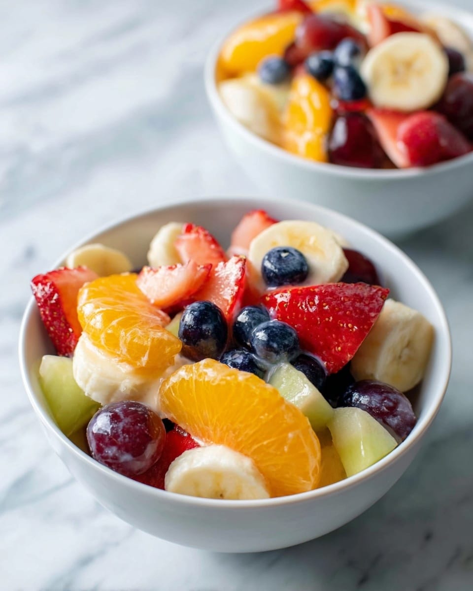 Two white bowls filled with fresh fruit salad sit on a white marbled surface. The fruit salad contains multiple layers of brightly colored fruit: orange slices with a shiny texture, round deep purple grapes, light yellow banana slices showing a soft texture, red strawberry pieces with visible seeds, plump dark blue blueberries, and pale green melon chunks. The fruits appear juicy and are slightly coated with a glossy dressing that adds a creamy shine. The front bowl is in focus, showing all fruit layers closely, while the second bowl in the background is slightly blurred. photo taken with an iphone --ar 4:5 --v 7