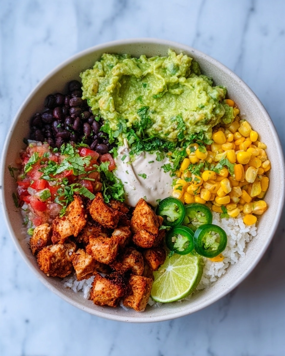 A white bowl is filled with layers of food arranged in sections. On the bottom, there is a layer of fluffy white rice. On top, there are seasoned brown pieces of chicken, fresh green guacamole, small diced red tomatoes mixed with onions and cilantro, a dollop of light-colored sour cream in the center, black beans, bright yellow corn, and thin slices of green jalapeño pepper. A bright green lime wedge is placed on one side of the bowl. The bowl sits on a white marbled surface. Photo taken with an iphone --ar 4:5 --v 7