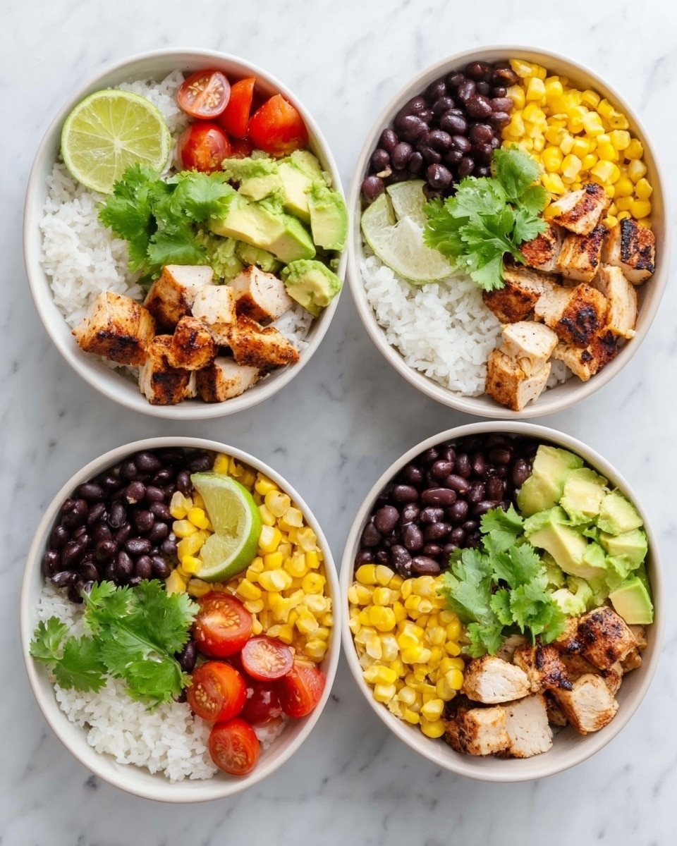 Four white bowls arranged on a white marbled surface each containing similar layered bowls of food. Each bowl has a bottom layer of white rice, topped with grilled chicken pieces that are light brown with slightly charred edges, a small pile of bright yellow corn kernels, a scoop of dark black beans, fresh light green avocado slices or chunks, and red cherry tomatoes or lime wedges. Some bowls include fresh green cilantro leaves adding a pop of color. The textures vary from soft and fluffy rice to juicy and firm tomatoes, creamy avocado, and tender grilled chicken. Photo taken with an iphone --ar 4:5 --v 7