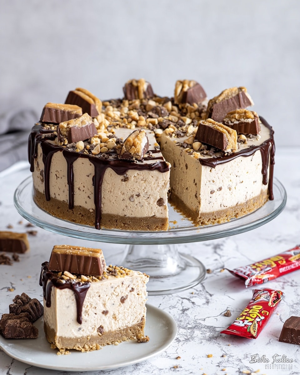 A round cheesecake with two clear layers stands on a glass cake stand over a white marbled texture. The bottom layer is a thick, dense light brown crust. Above it is a thick creamy layer studded with small chocolate bits. The top is decorated with dark chocolate drizzle dripping down the sides, crushed nuts scattered lightly, and half pieces of chocolate bars with a tan center arranged around the edge. One slice is cut out and placed on a white marbled texture in front, its top also topped with chocolate chunks and nuts. Some packaged chocolates lie casually near the cake stand. photo taken with an iphone --ar 4:5 --v 7