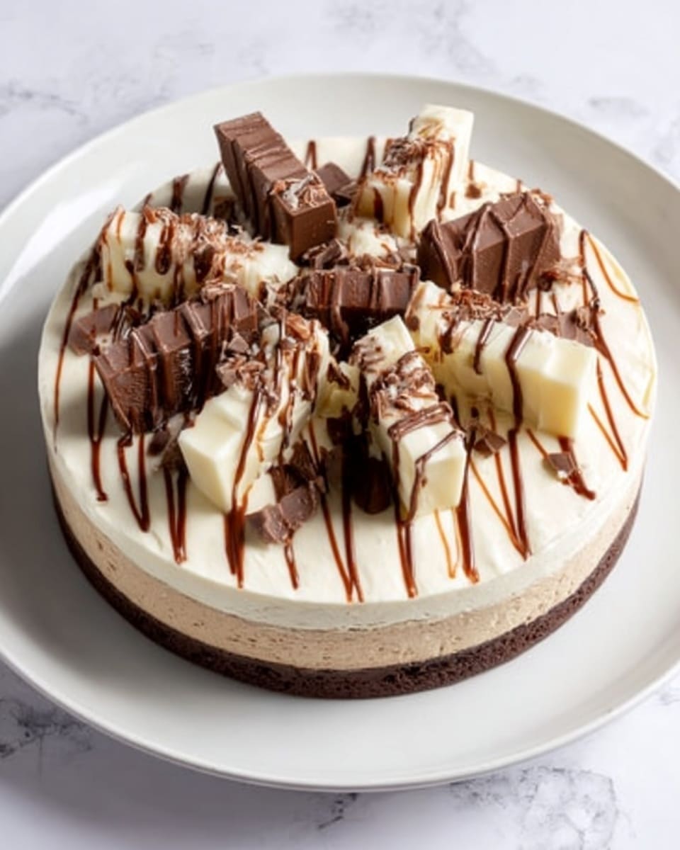 The image shows a round cake with three visible layers from the side: a bottom layer of dark chocolate cake, a middle layer of creamy white frosting, and a top layer of light-colored mousse or whipped cream. The cake is covered smoothly with white frosting. On top, there are alternating pieces of chocolate and white chocolate arranged in a circle near the edge, and the whole cake is drizzled with thin lines of dark chocolate sauce. The cake is placed on a white plate, set on a white marbled surface. Photo taken with an iphone --ar 4:5 --v 7