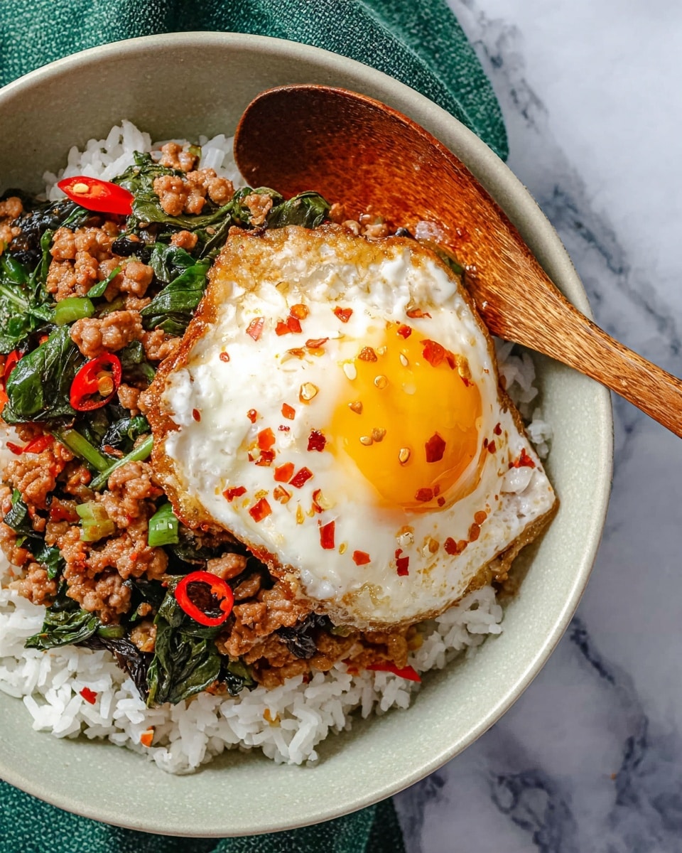A white bowl holds a bed of white rice topped with stir-fried minced meat mixed with fresh green leafy vegetables and small red chili slices, creating a colorful mix of light brown, green, and red textures. On top of the minced meat, a fried egg with bright yellow yolk and white edges crispy to a golden brown is placed, sprinkled lightly with red chili flakes. A wooden spoon rests in the bowl, partially under the fried egg, all set against a white marbled surface with a green cloth in the background. photo taken with an iphone --ar 4:5 --v 7