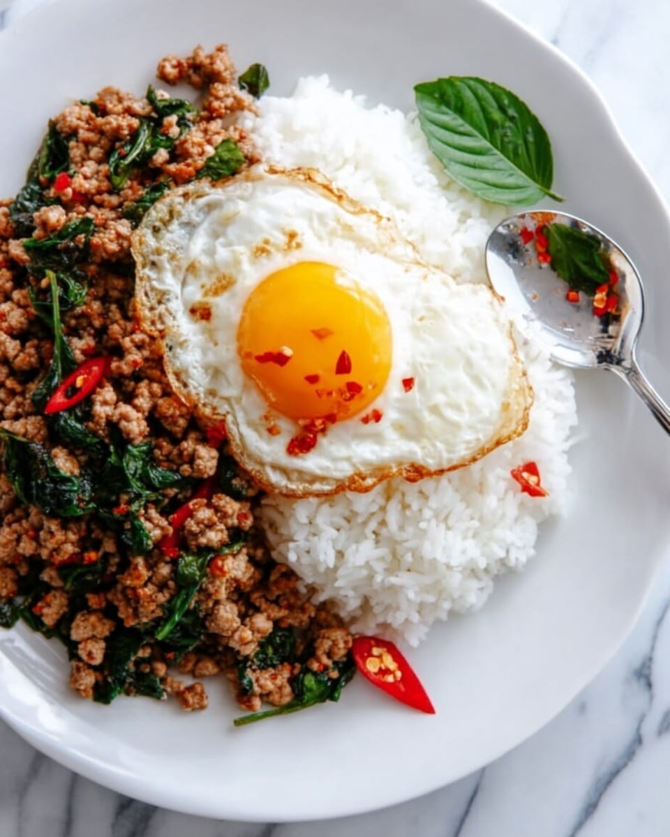 A white plate with a mound of white steamed rice on one side and a layer of cooked minced meat mixed with green basil leaves and small red chili slices on the other side. On top of the minced meat, there is a fried egg with a bright yellow yolk and slightly crispy, light brown edges. A spoon rests on the plate near the rice on a white marbled surface. photo taken with an iphone --ar 4:5 --v 7