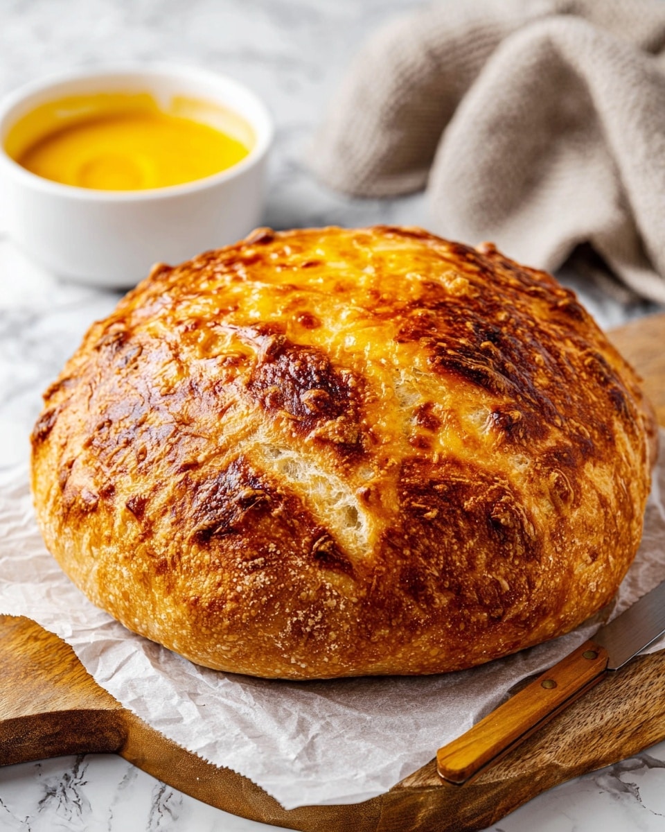 A round bread with a golden brown crust sits on white parchment paper over a wooden board. The crust has a bubbly texture with darker toasted spots and melted cheese baked on top, giving it a shiny, crispy finish. Behind the bread, there is a white bowl filled with bright yellow cheese sauce that looks smooth and creamy. The background is a white marbled surface with a light gray cloth nearby. A knife with a wooden handle rests next to the board. photo taken with an iphone --ar 4:5 --v 7