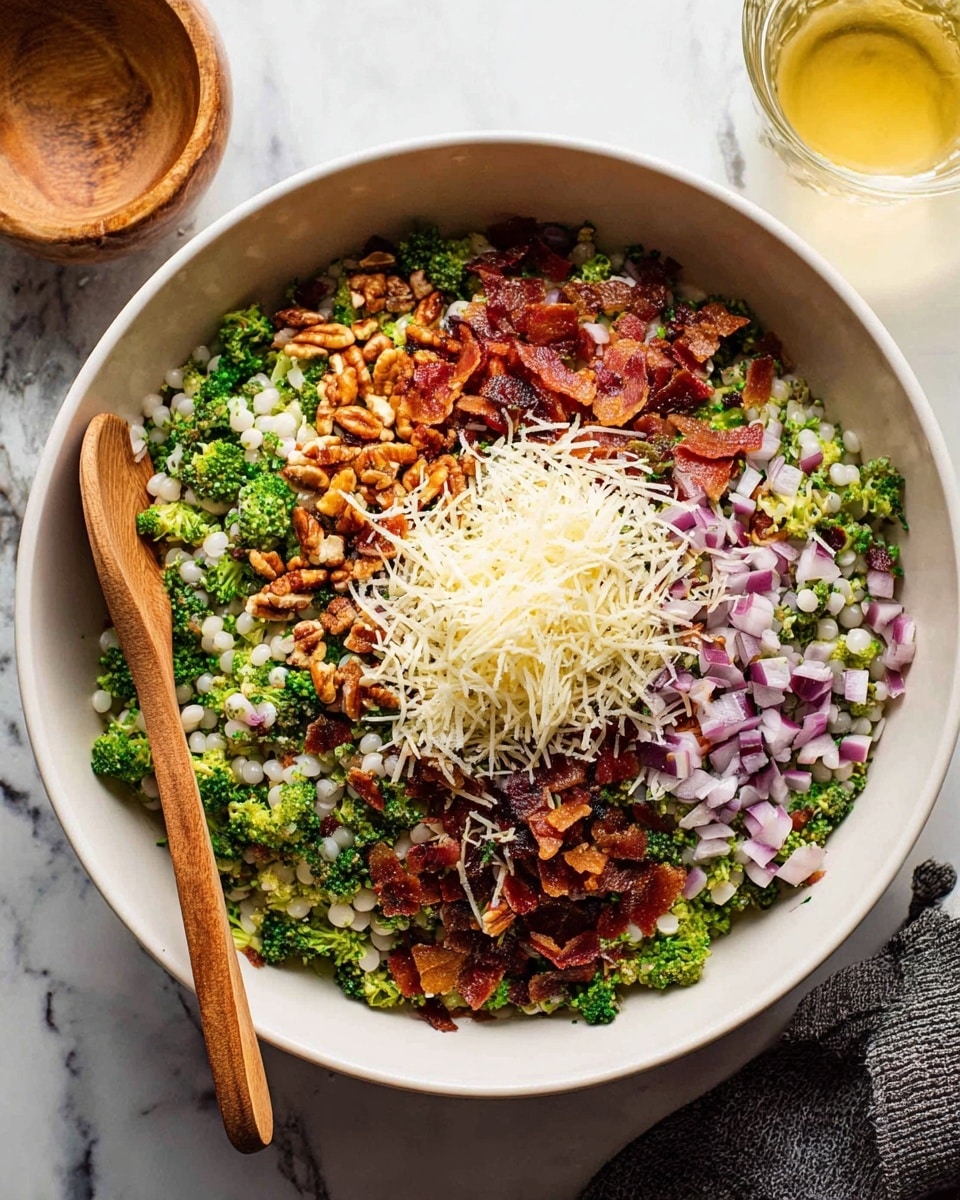 A large white bowl filled with a colorful mixed salad sits on a white marbled surface. The salad has several layers: at the bottom are small white pearl-like grains, scattered with chopped green broccoli pieces. Thinner layers of deep red bacon bits and crunchy orange-brown chopped nuts spread evenly through the mix. Thin slices of light purple onion add contrast near the edges. In the center, there is a pile of finely shredded white cheese. A wooden spoon rests inside the bowl on the left side, partially covered by the salad. Near the top right corner of the image, a clear glass with a light yellow drink sits on the white marbled surface. Photo taken with an iphone --ar 4:5 --v 7