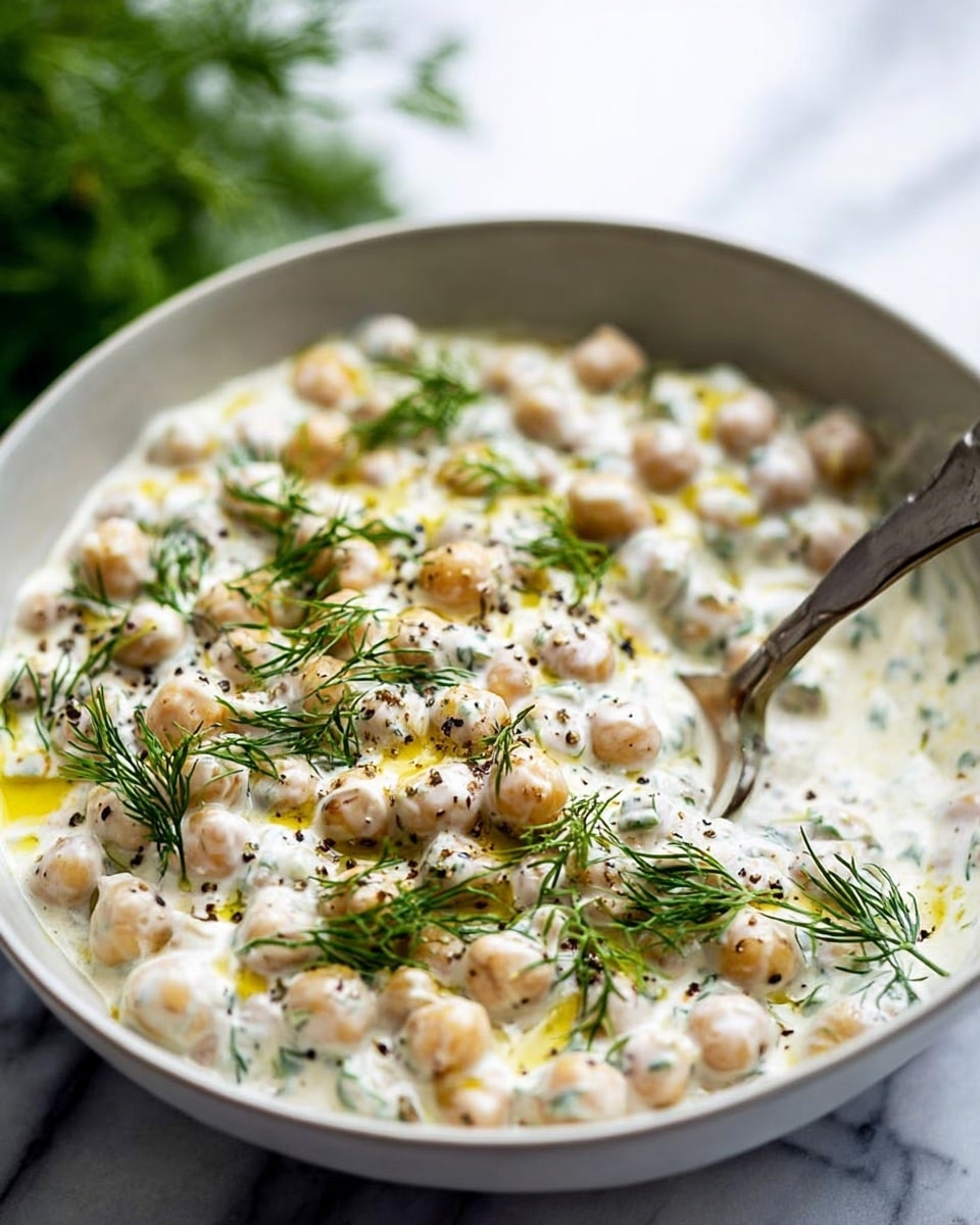 A close-up view of a white bowl filled with a creamy dish made of small round chickpeas mixed in a thick white sauce. The sauce looks smooth and rich with green flecks of herbs throughout. The dish is topped with fresh green dill sprigs, black pepper specks, and a light drizzle of golden olive oil that adds shine. A silver spoon is partly dipped into the mixture, scooping some up. The bowl sits on a white marbled surface with a soft, blurred green plant in the background. Photo taken with an iphone --ar 4:5 --v 7