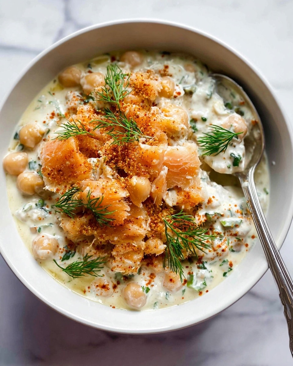 The dish is served in a white bowl filled with three visible layers: the bottom layer is a creamy white sauce mixed with light brown chickpeas and green herbs, giving a slightly chunky texture. On top of this is a layer of light orange, flaked fish pieces that look soft and moist, scattered unevenly across the bowl. The fish is garnished with small sprigs of fresh green dill and a light dusting of reddish spice, adding contrast. A silver spoon rests on the right side inside the bowl, scooping some of the sauce and chickpeas. The background is a white marbled surface. Photo taken with an iphone --ar 4:5 --v 7
