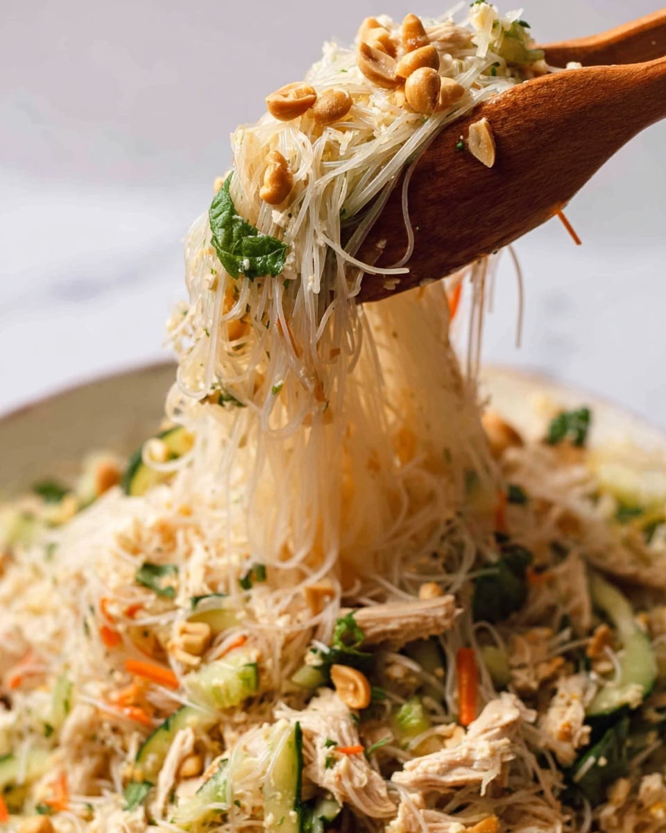 Thin, long white rice noodles make up the main layer of this dish, mixed with pieces of light brown cooked chicken and sprinkled with chopped peanuts. Thin, green cucumber slices and small bright green vegetable pieces are scattered throughout, along with bits of orange carrot and leafy herbs. The noodles and ingredients are being lifted by wooden tongs, showing the texture and the mix of colors close up against a clean white marbled background. photo taken with an iphone --ar 4:5 --v 7