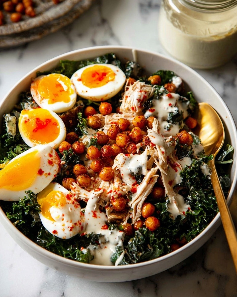 The dish is in a white bowl filled with several layers. The bottom layer is dark green kale leaves that look fresh and slightly curly. On top of the kale, there are torn pieces of white chicken meat. Around the bowl, there are slices of boiled eggs with bright orange yolks showing clearly. Over the chicken and kale, crispy golden-brown chickpeas are scattered, adding texture. A creamy white sauce is drizzled unevenly across the ingredients, with some red sauce spots adding color contrast. A white marbled surface is under the bowl, and there is a white jar with a similar sauce in the top right corner. A golden spoon is in the bowl, resting on the right side. photo taken with an iphone --ar 4:5 --v 7