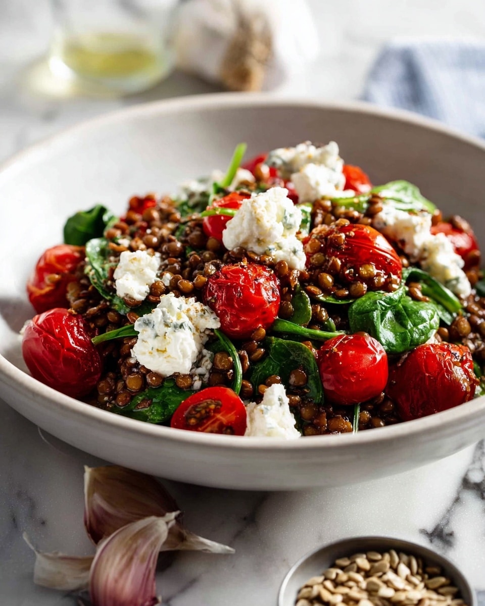 A white bowl filled with a colorful salad made of three main layers: at the bottom, a layer of small brown lentils mixed with thinly sliced light pink shallots, in the middle, bright red cherry tomatoes, and fresh green spinach leaves scattered evenly, and on top, small soft white cheese dollops resting on the lentils and vegetables. A metallic spoon is placed inside the bowl on the right side, slightly lifting some salad, all set against a white marbled surface with a few cloves of garlic nearby. Photo taken with an iphone --ar 4:5 --v 7