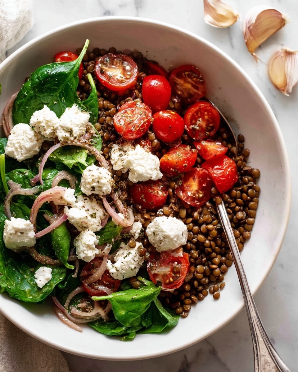 A white shallow bowl holds a colorful salad with three layers: at the bottom, bright red cherry tomatoes with a shiny, smooth texture; in the middle, dark brown lentils that look firm and cooked, mixed with small green spinach leaves scattered throughout; on top, dollops of creamy white cheese are spread unevenly, adding contrast. The bowl sits on a white marbled surface, and there are some garlic cloves and a small metal dish with seeds in the front, slightly blurred. photo taken with an iphone --ar 4:5 --v 7