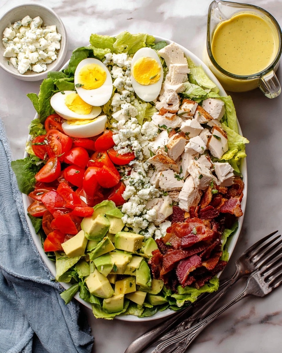 A white bowl filled with a fresh salad sits on a white marbled surface with a white cloth beneath it. The base layer is large, crinkled green romaine lettuce leaves covering the entire bowl's inside. On top of the greens are several halved boiled eggs with bright yellow yolks and white edges, sliced red tomato pieces, chunks of pale roasted chicken, and creamy green avocado chunks. Small pieces of crispy brown bacon are scattered on the top layer along with finely chopped green herbs and small dollops of white crumbly cheese. The overall look is colorful with a fresh and textured feel. A fork rests beside the bowl, completing the scene. Photo taken with an iphone --ar 4:5 --v 7