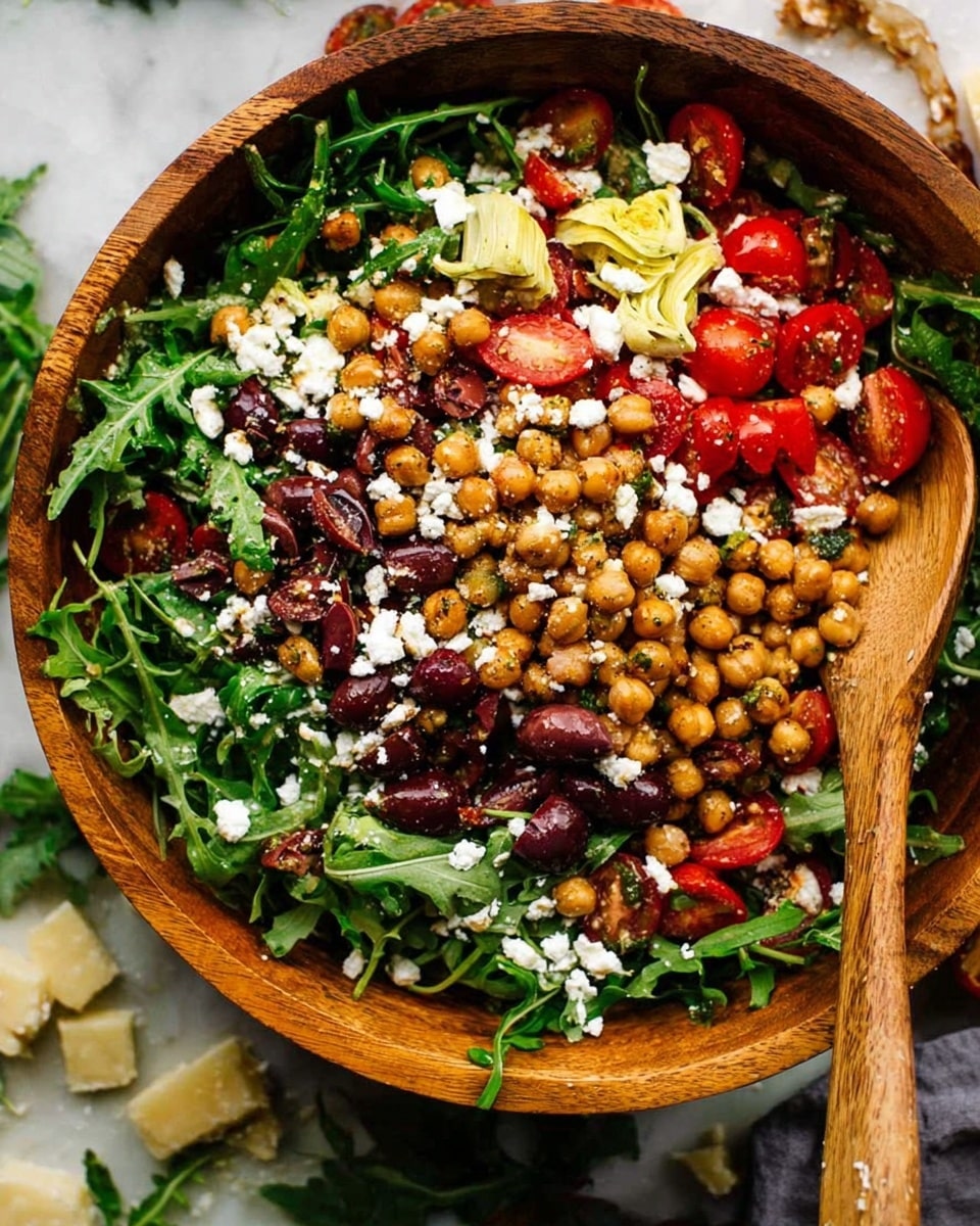 A white bowl filled with a colorful salad resting on a white marbled surface, showing several layers and textures. The base layer is fresh green arugula with its distinct jagged leaves covering the bottom. On top of that, chickpeas create a light brown, smooth layer adding bulk. Layers of bright red cherry tomatoes and strips of roasted red peppers add vibrant pops of color. There are slices of artichoke hearts scattered around with a pale yellow-green tone. Dark purple-black sliced olives and sun-dried tomatoes add depth, along with small chunks of white feta cheese scattered across the top. Small bits of finely chopped red onion add small flecks of purple and texture. A spoon with a wooden handle is partially visible on the right side, resting inside the bowl. Photo taken with an iphone --ar 4:5 --v 7