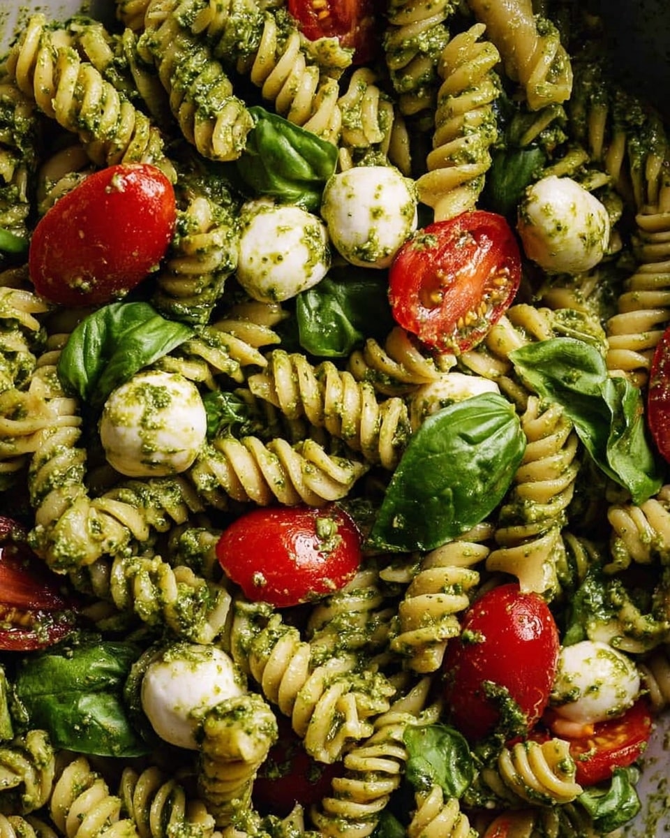 The image shows a close-up of rotini pasta coated in green pesto sauce, mixed with bright red cherry tomato halves and small white mozzarella balls scattered evenly throughout. Fresh green basil leaves are spread among the pasta, adding a leafy texture. The pasta looks glossy from the sauce, and the colors of green, red, and white contrast nicely. The background is a white marbled texture. photo taken with an iphone --ar 4:5 --v 7
