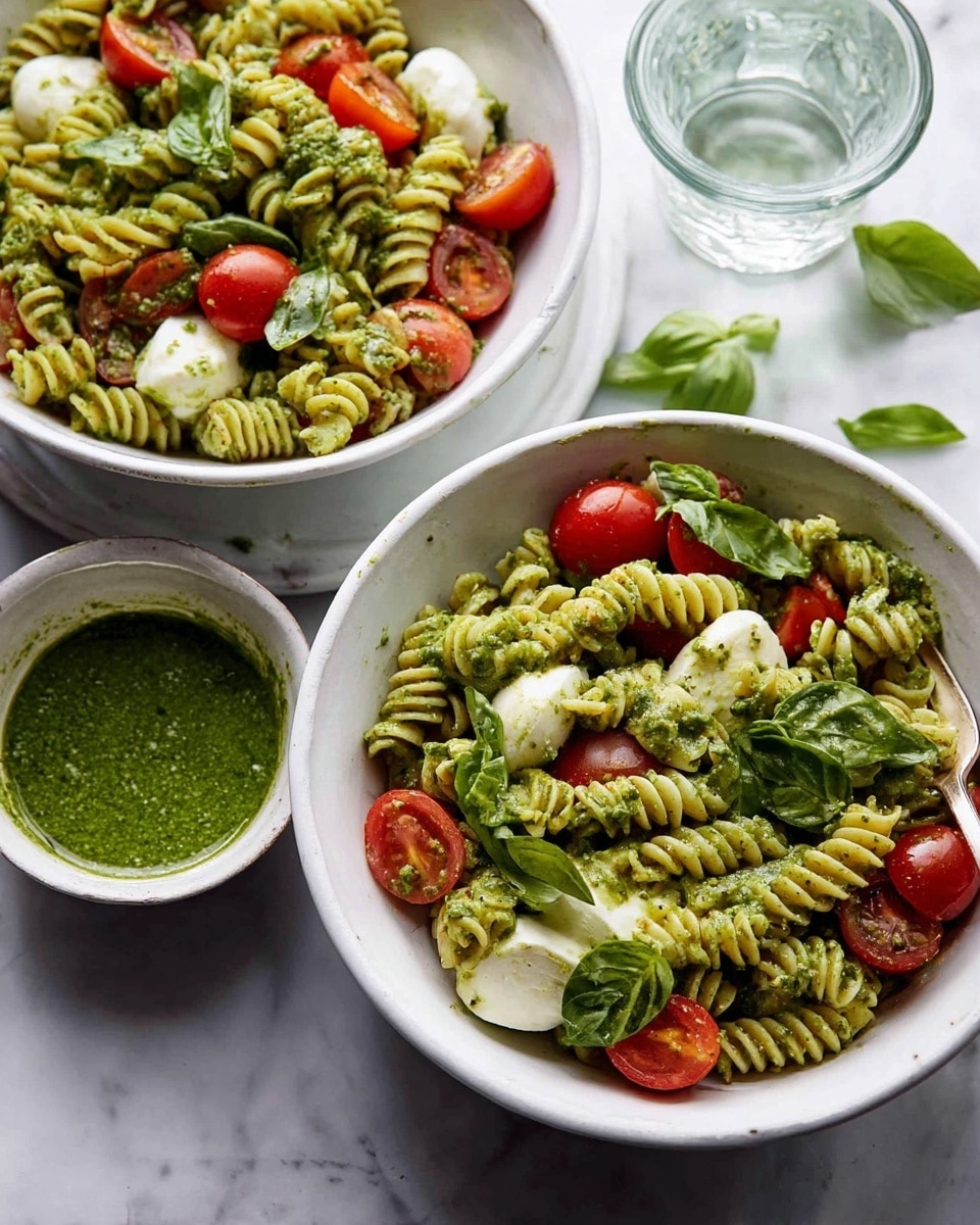 Two white bowls filled with green pesto-coated spiral pasta form the main focus, each bowl layered with bright red cherry tomato halves and white mozzarella slices, topped with fresh green basil leaves. The pasta's texture is firm with vibrant swirls coated in pesto, and the tomatoes add a shiny, juicy contrast, while the mozzarella pieces are smooth and soft. Next to one bowl, there is a small white bowl filled with extra green pesto sauce. The bowls sit on a white marbled surface, with a glass of water and scattered basil leaves nearby, giving a fresh and natural feel. photo taken with an iphone --ar 4:5 --v 7
