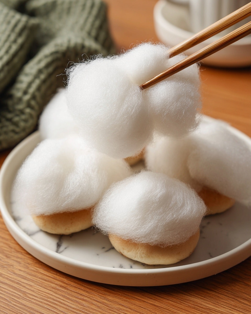 The image shows a white round plate filled with five fluffy, white cotton candy-like puffs resting on top of light brown, smooth pastries. The cotton candy puffs have a very soft and airy texture, almost cloud-like, and are unevenly shaped, covering the top of each pastry fully. A pair of wooden chopsticks is holding one of the puffs above the plate. The background is a wooden surface with a hint of a white marbled texture around the edges. Photo taken with an iphone --ar 4:5 --v 7