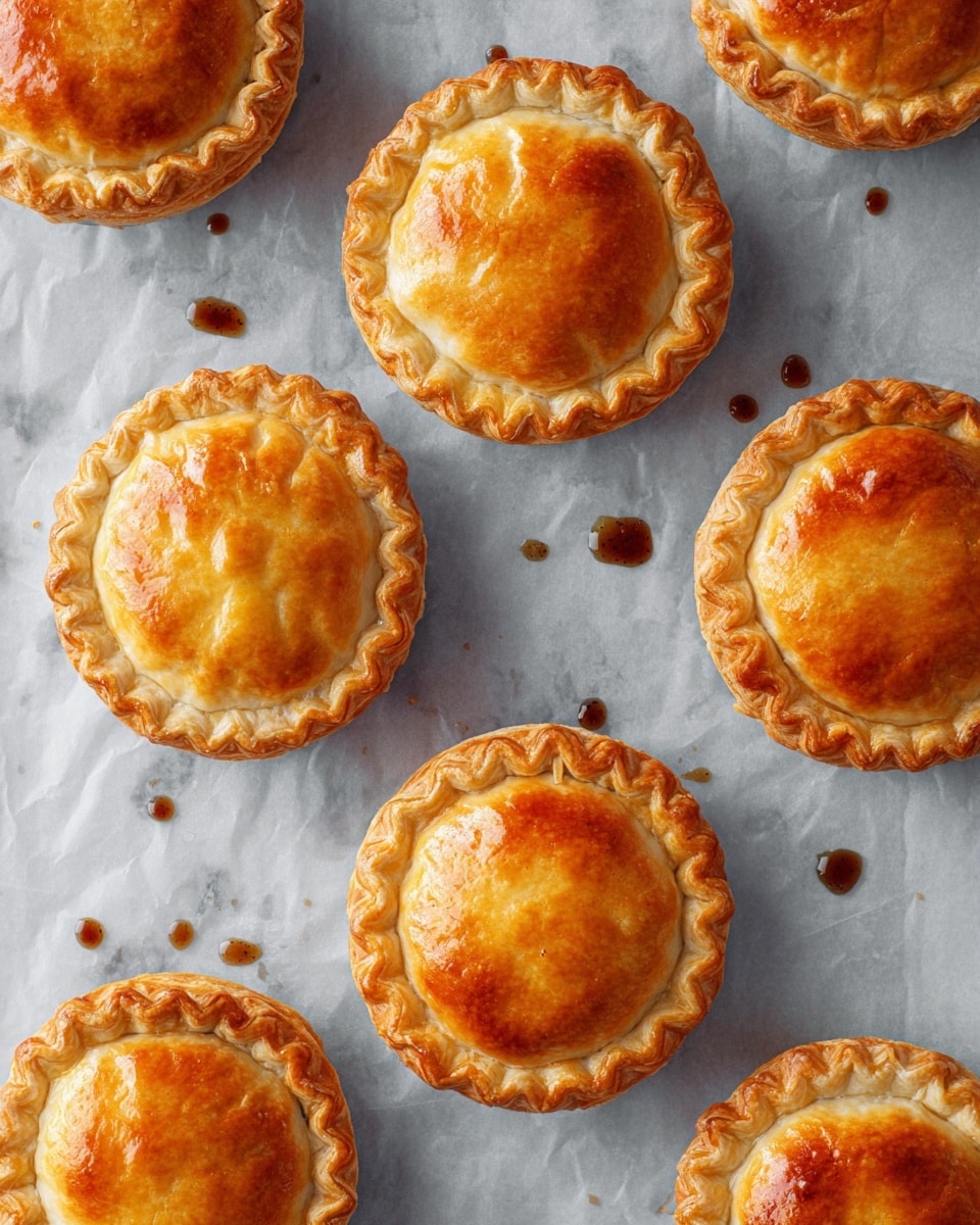 Seven round pies with golden-brown, shiny crusts sit on a sheet of light gray parchment paper spread over a white marbled surface. Each pie has a layered, scalloped edge with a smooth domed top showing light and darker golden hues from baking. Small, scattered dark brown spots of cooked filling or sauce dot the parchment around some pies, adding contrast to the neat arrangement that fills the frame evenly. photo taken with an iphone --ar 4:5 --v 7