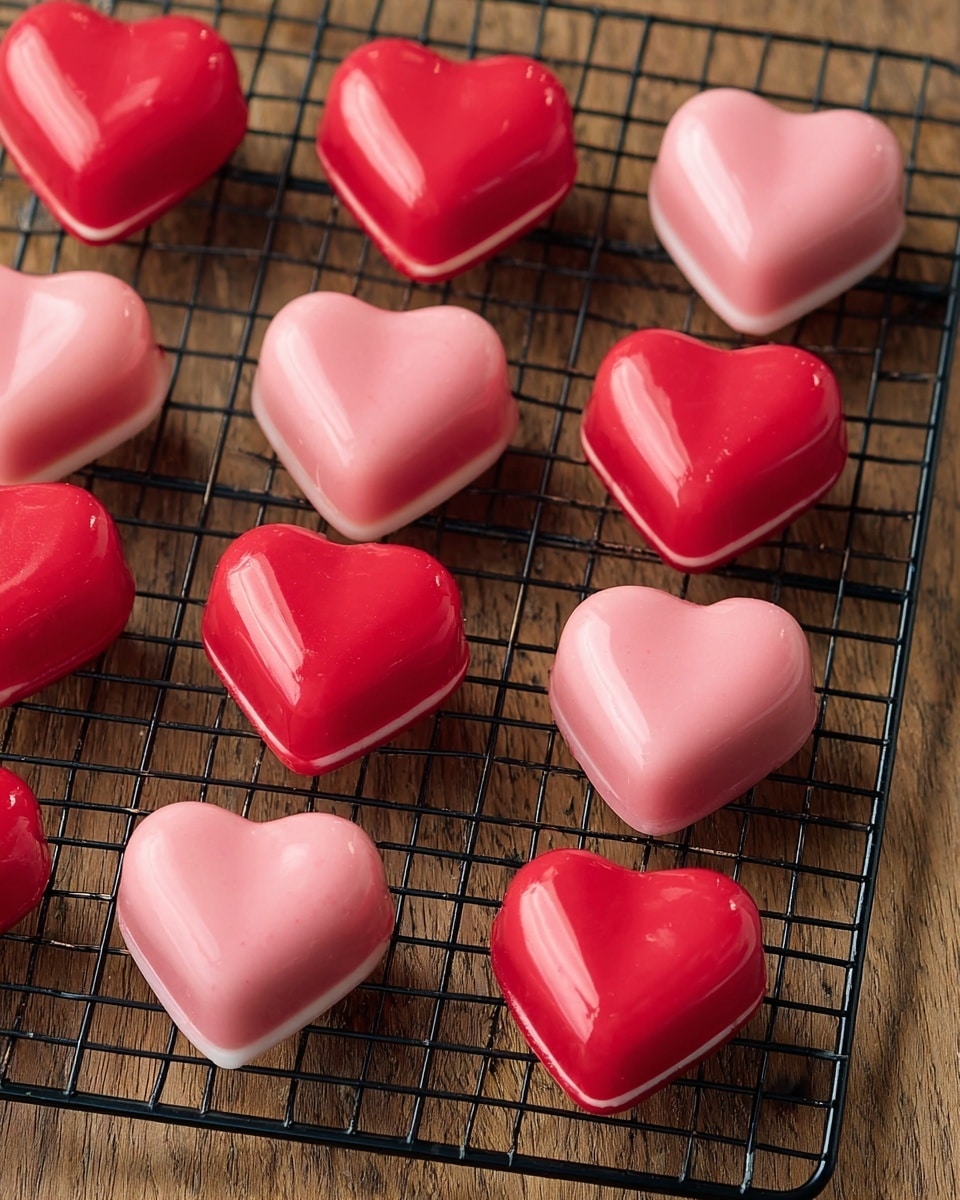 A collection of shiny, smooth heart-shaped treats in bright red and light pink colors is arranged on a black metal cooling rack. Each treat has a smooth and glossy surface, with a slight reflection giving a fresh look. Most hearts are single and solid colored, but two light pink hearts are paired together with a thin white layer in between, creating a sandwich effect. The cooling rack stands on a wooden surface with visible grain, contrasting the vibrant hearts. photo taken with an iphone --ar 4:5 --v 7