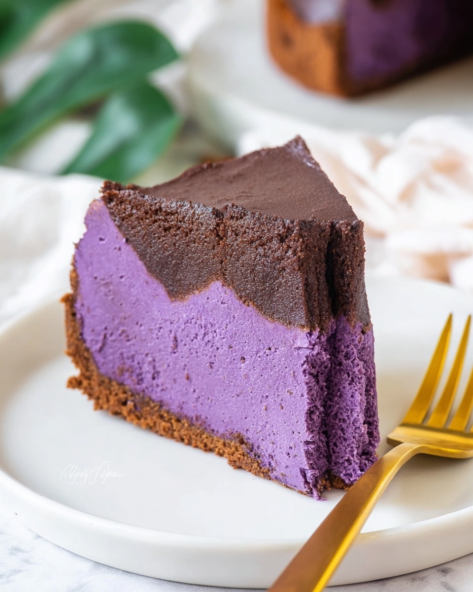 A thick slice of cake with two visible layers sits on a white plate over a white marbled texture. The bottom layer is a smooth and dense purple cheesecake with a moist texture, while the top layer is a darker, chocolate-brown, slightly cracked and glossy baked crust that covers half of the cake slice. A golden fork with a black handle is placed beside the slice on the right. The background is softly blurred with light colors, including some green leaf shapes. Photo taken with an iphone --ar 4:5 --v 7