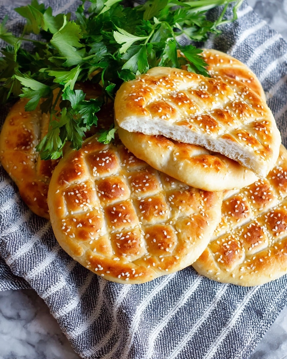 The image shows several round flatbreads with a golden-brown crust topped with scattered sesame seeds. Each flatbread has an embossed pattern of squares on the top surface, giving them a textured look. One of the flatbreads is broken in half, revealing a soft, fluffy white interior. The breads are placed on a gray and white striped cloth. Fresh green parsley leaves sit above the breads, adding a pop of color. The setup rests on a surface with a white marbled texture. photo taken with an iphone --ar 4:5 --v 7