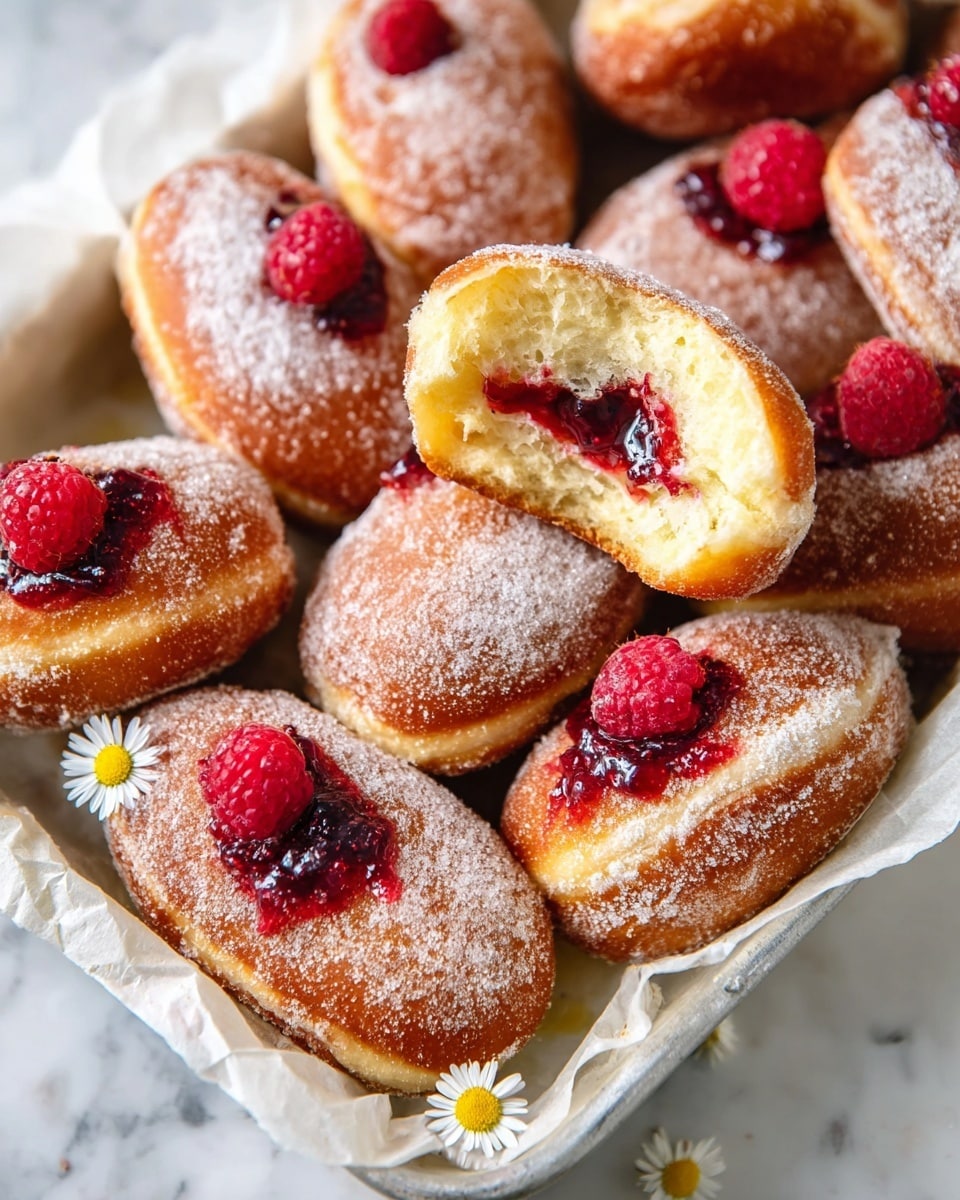 The image shows a tray filled with round doughnuts dusted with sugar, each doughnut has a golden-brown crust with a soft, light-yellow inside visible where one doughnut is broken open. Each doughnut is topped with a small thick layer of glossy, dark red jam, crowned by a fresh red raspberry. The jam is bursting slightly from the center, showing a sticky texture. A few small white daisy flowers with yellow centers are scattered on the parchment paper lining the tray. The white tray sits on a white marbled surface. photo taken with an iphone --ar 4:5 --v 7