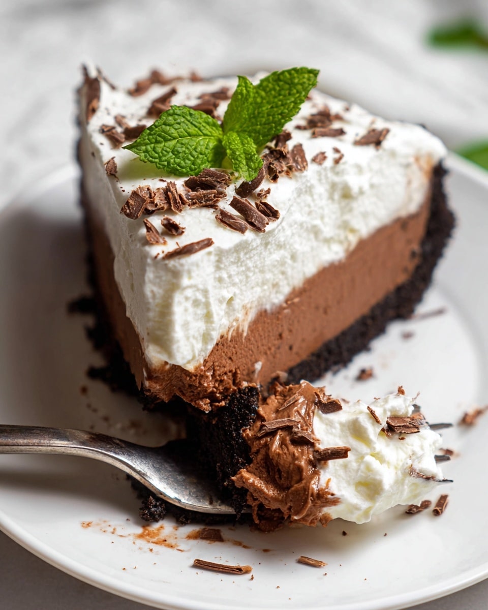 A slice of three-layer dessert on a white plate with a white marbled texture surface; the bottom layer is a dark, crumbly chocolate crust, the middle layer is a smooth, rich brown chocolate filling, and the top layer is a thick, fluffy white whipped cream adorned with small chocolate shavings scattered across and a fresh bright green mint leaf placed near the center; a fork with a piece of the dessert rests on the plate, showing the three distinct layers clearly. photo taken with an iphone --ar 4:5 --v 7