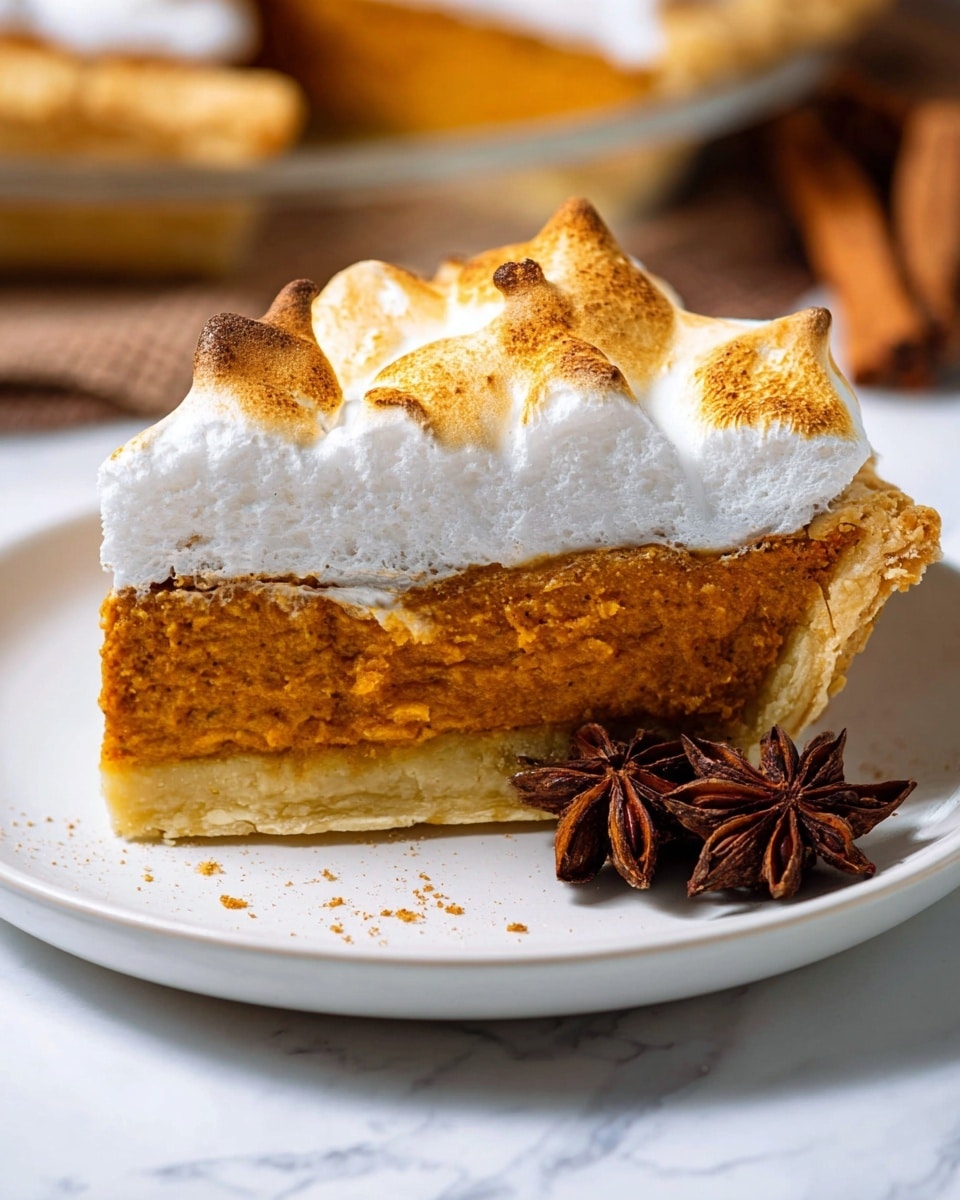 A slice of pie with three visible layers sits on a white plate over a white marbled surface. The bottom layer is a light golden, flaky crust. Above that is a thick, dense pumpkin filling in a deep orange color with a slightly textured surface. The top layer is a thick, fluffy white meringue with golden brown toasted peaks. Two dark brown star anise pieces are placed next to the pie slice on the plate, adding a decorative touch. Photo taken with an iphone --ar 4:5 --v 7